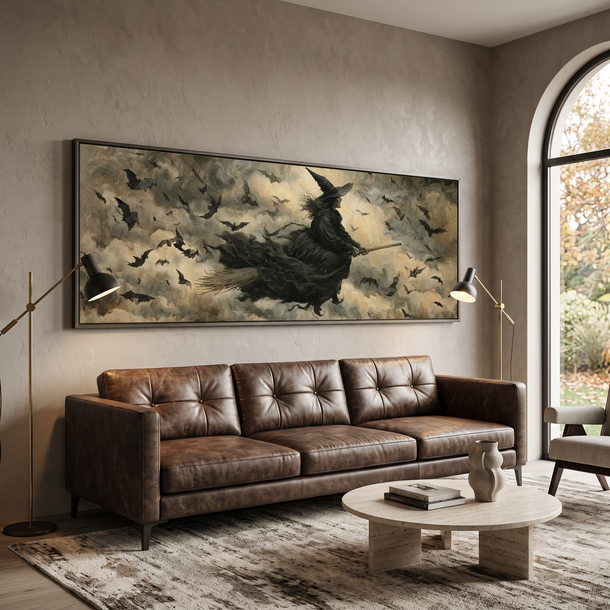 Flying Witch Broomstick Panoramic Canvas Print, Dark Bats Night Sky Wall Art