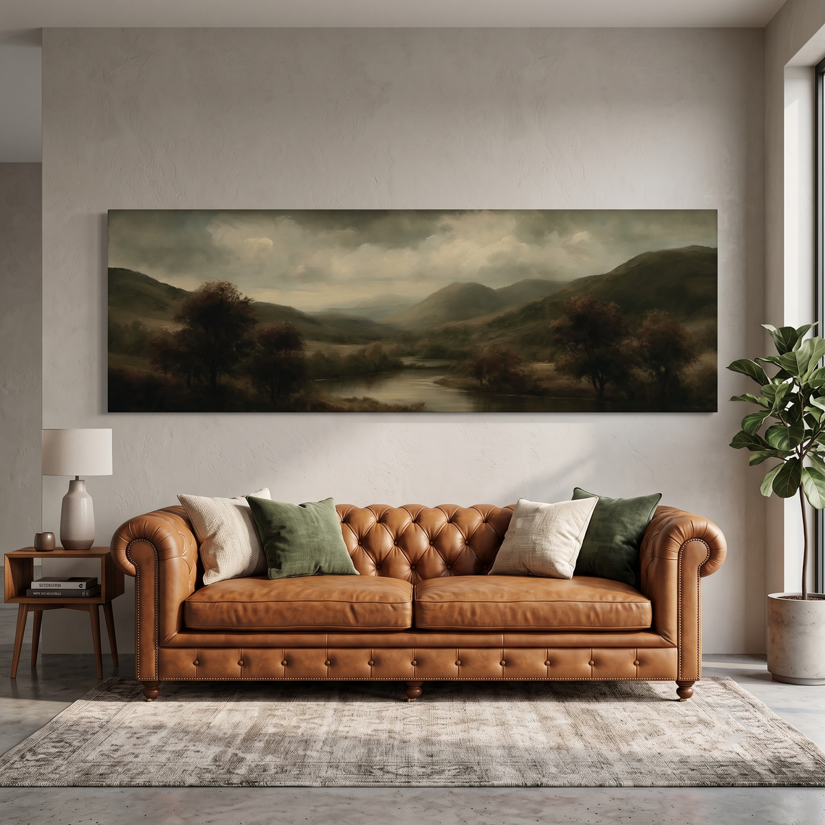 Moody Dark Green Valley Landscape Panoramic Canvas Print, Olive Rolling Hills Wall Art