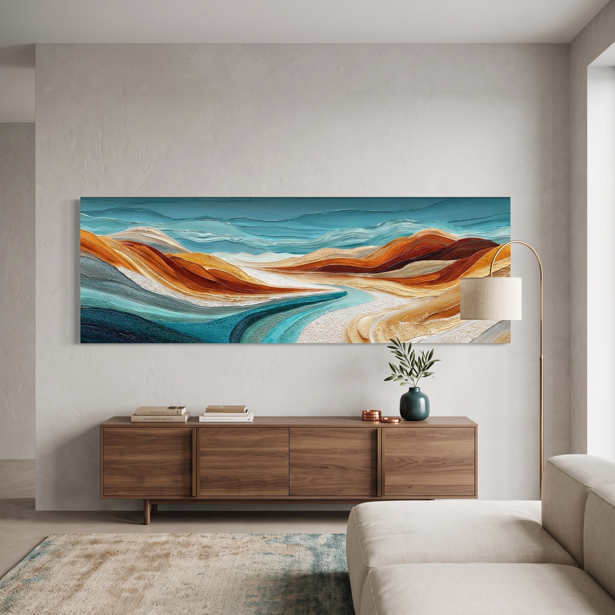Sculptural Desert Wave Panoramic Canvas Print, Teal Orange Abstract Wall Art, Minimalist Nature Office Art Decor
