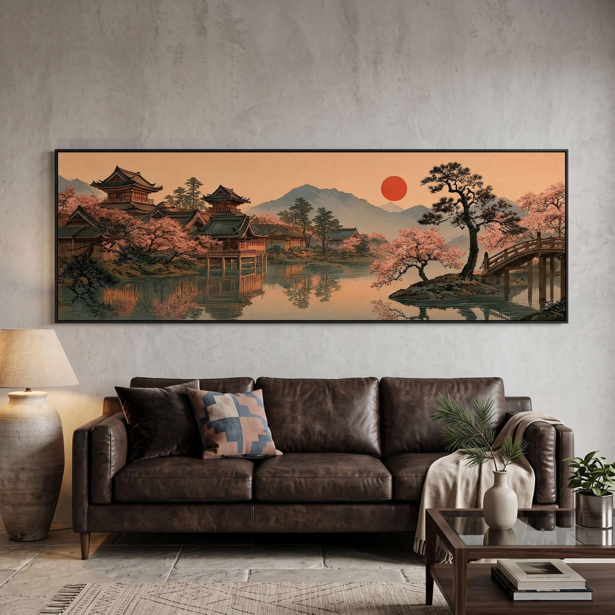 Japanese Garden Temple Panoramic Canvas Print, Cherry Blossom Red Sun Wall Art