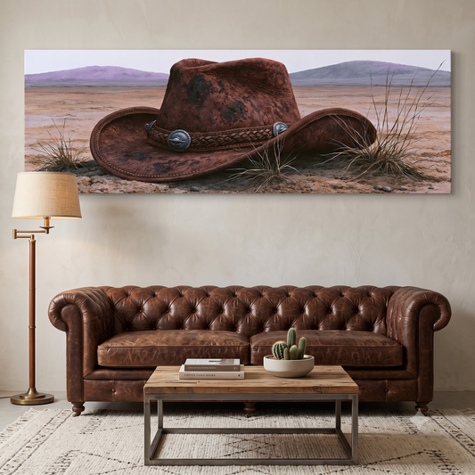 Vintage Cowboy Hat and Desert Landscape Panoramic Canvas Print, Southwest Western Wall Art, Country Living Room Decor