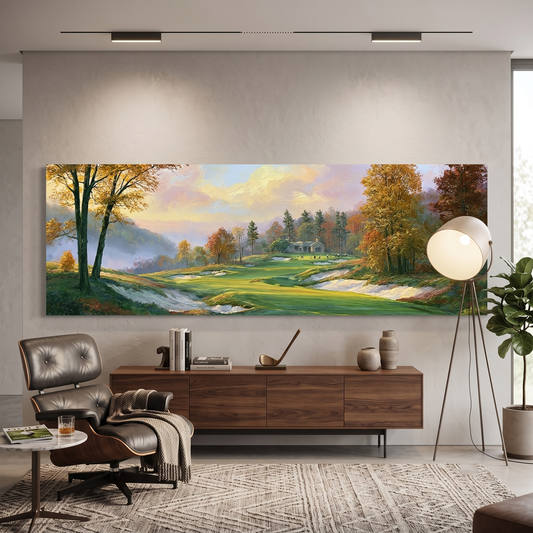 Golf Course Autumn Landscape Panoramic Canvas Print, Green Fairway Fall Foliage Wall Art, Golf Lover Home Decor