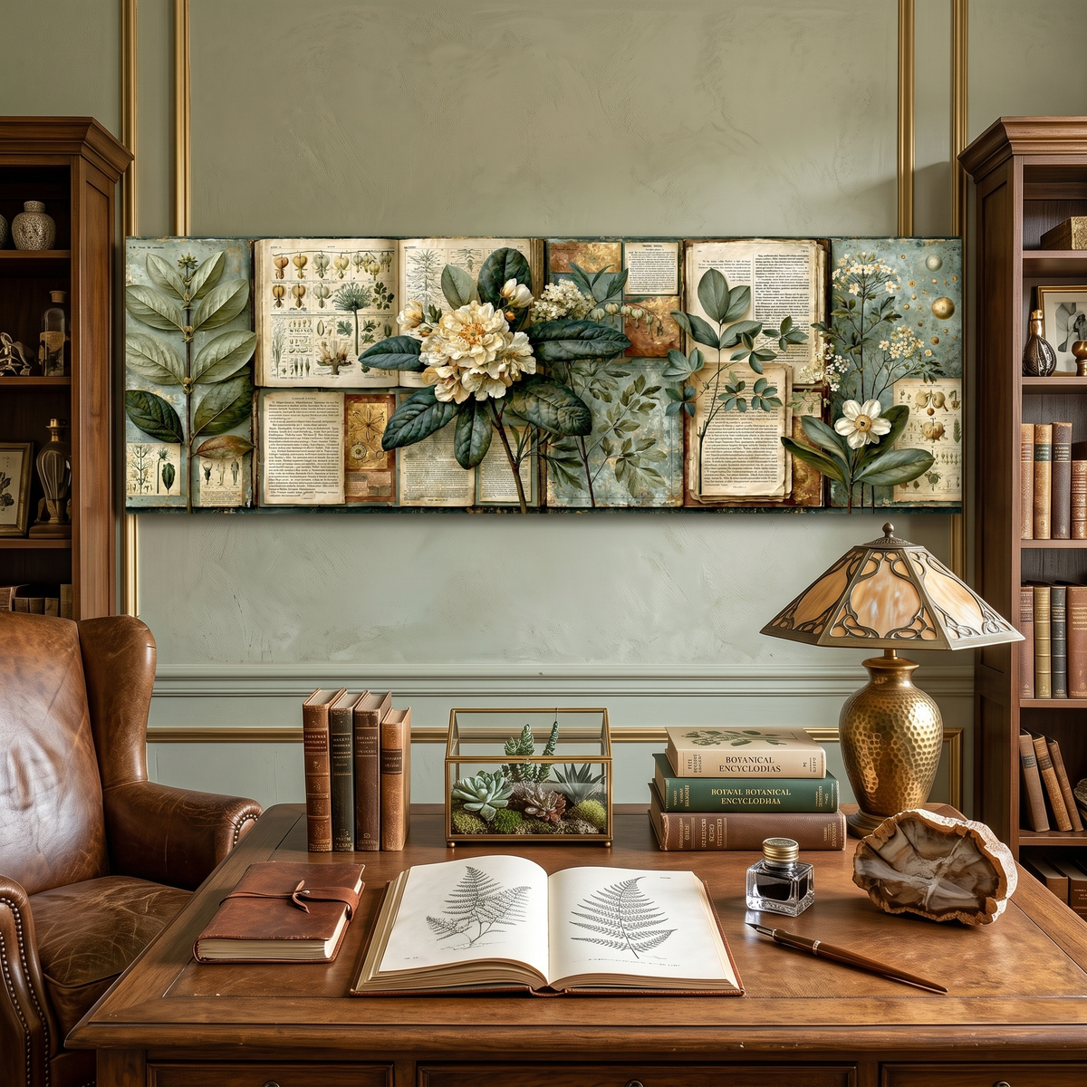 Vintage Botanical Book Page Panoramic Canvas Print, Academic Cottagecore Antique Floral Collage Wall Art, Dark Academia Library Decor