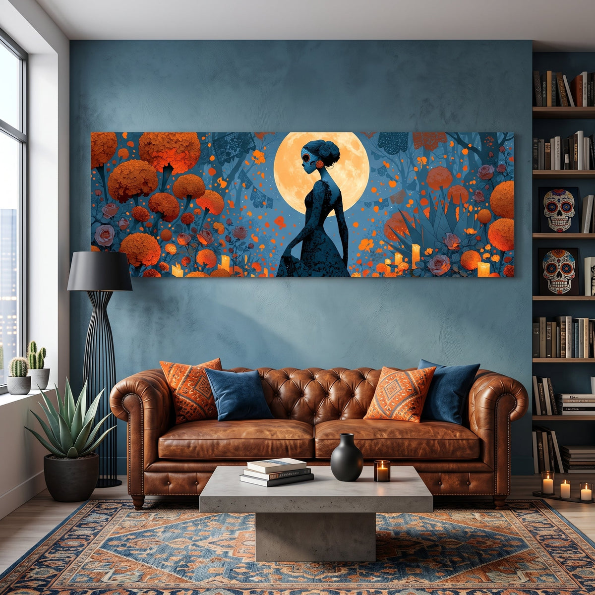 Day of the Dead Woman Marigold Moon Panoramic Canvas Print, Dia de Muertos Teal Wall Art, Moody Halloween Decor