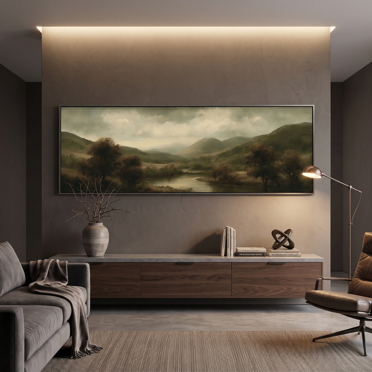 Moody Dark Green Valley Landscape Panoramic Canvas Print, Olive Rolling Hills Wall Art
