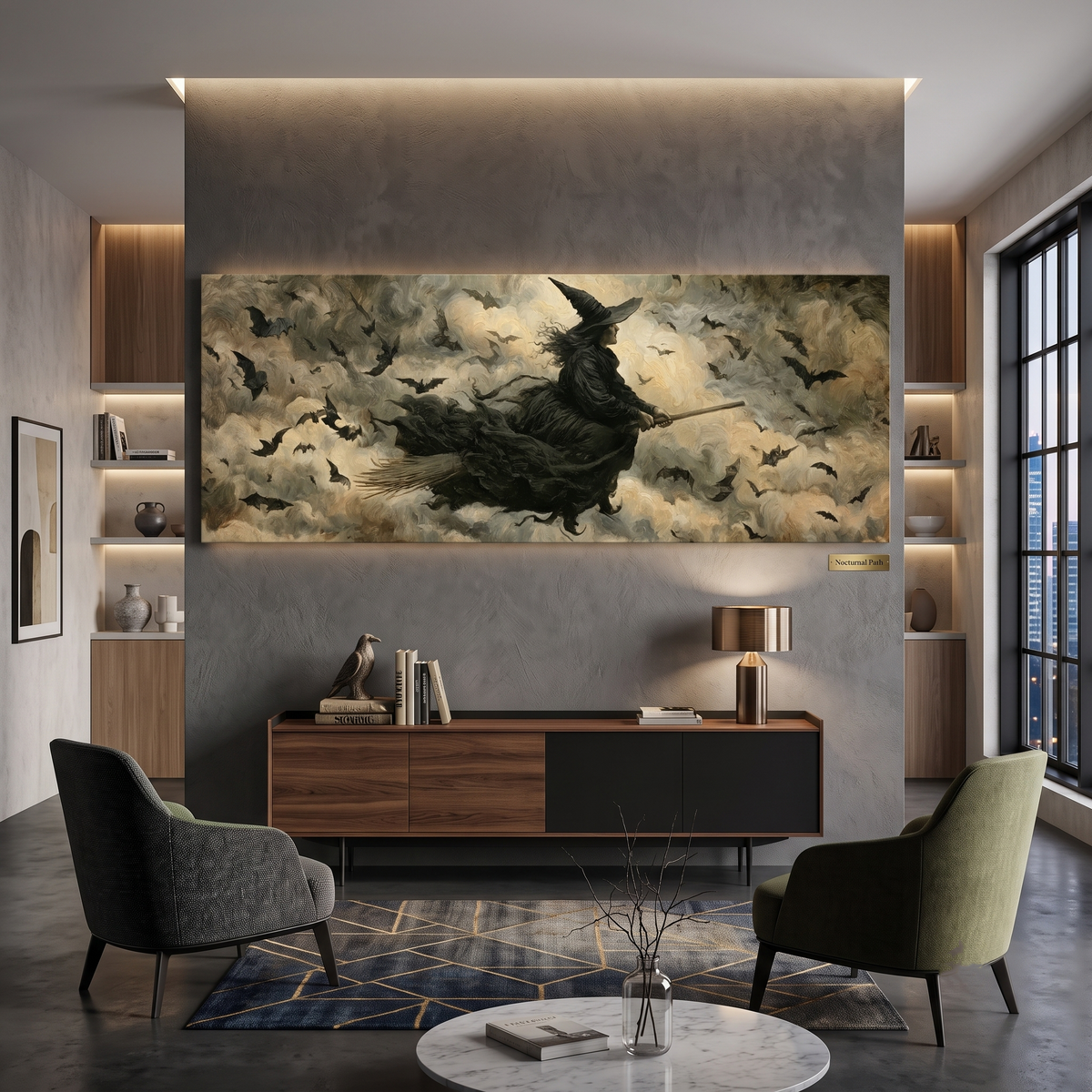 Flying Witch Broomstick Panoramic Canvas Print, Dark Bats Night Sky Wall Art