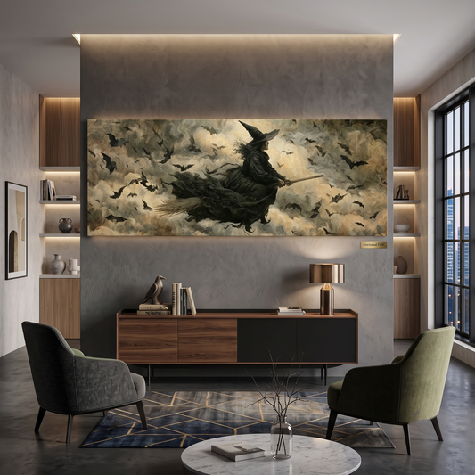 Flying Witch Broomstick Panoramic Canvas Print, Dark Bats Night Sky Wall Art