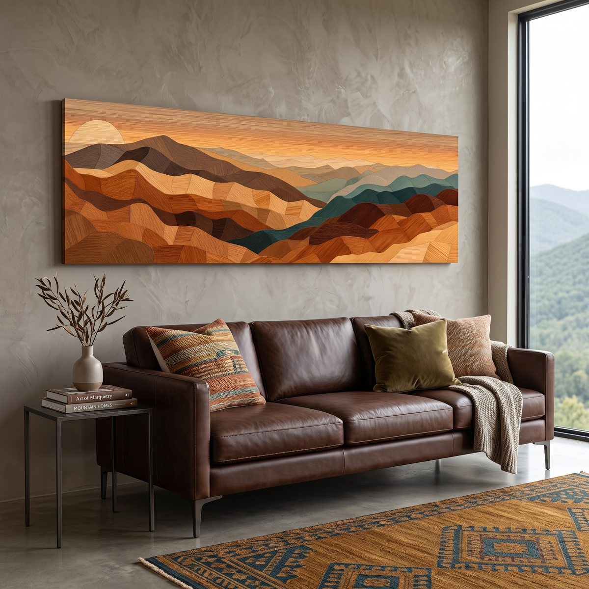 Wood Mosaic Desert Mountain Landscape Panoramic Canvas Print, Earthy Terracotta Teal Geometric Desert Wall Art, Over Bed Room Decor