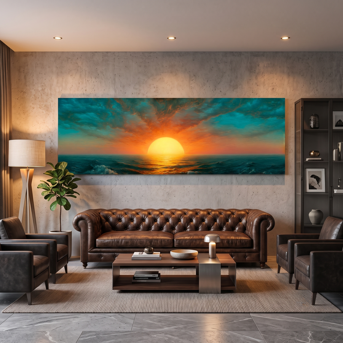 Ocean Sunset Panoramic Canvas Print, Teal Orange Sun Wall Art