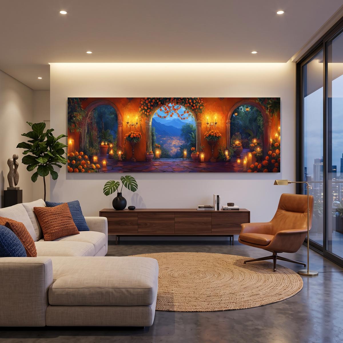 Mexican Courtyard Twilight Panoramic Canvas Print, Marigold Archway Sunset Landscape Wall Art