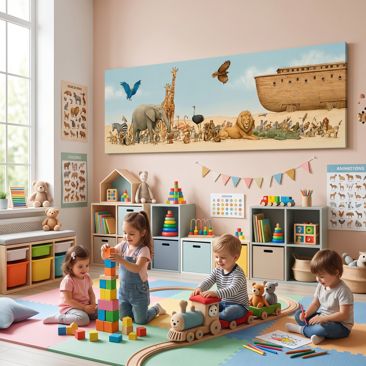 Whimsical Noah's Ark Wildlife Panoramic Canvas Print, Biblical Wildlife Wall Art, Extra Large Kids Nursery Decor