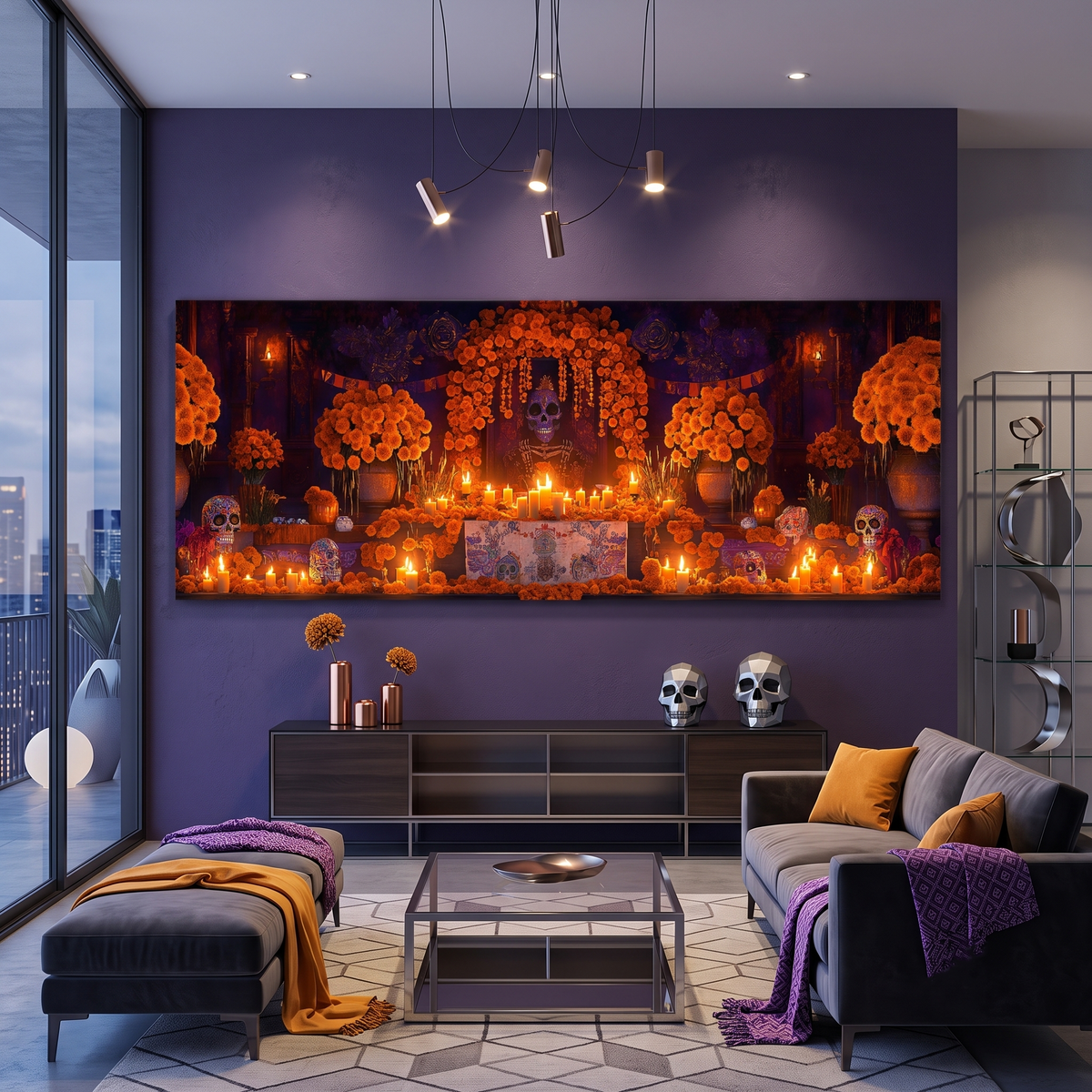 Day of the Dead Altar Panoramic Canvas Print, Dia de los Muertos Wall Art, Mexican Ofrenda Decor