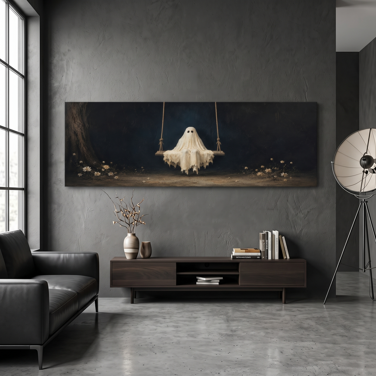 Ghost on Swing Panoramic Canvas Print, Cute Vintage Spooky Floral Wall Art