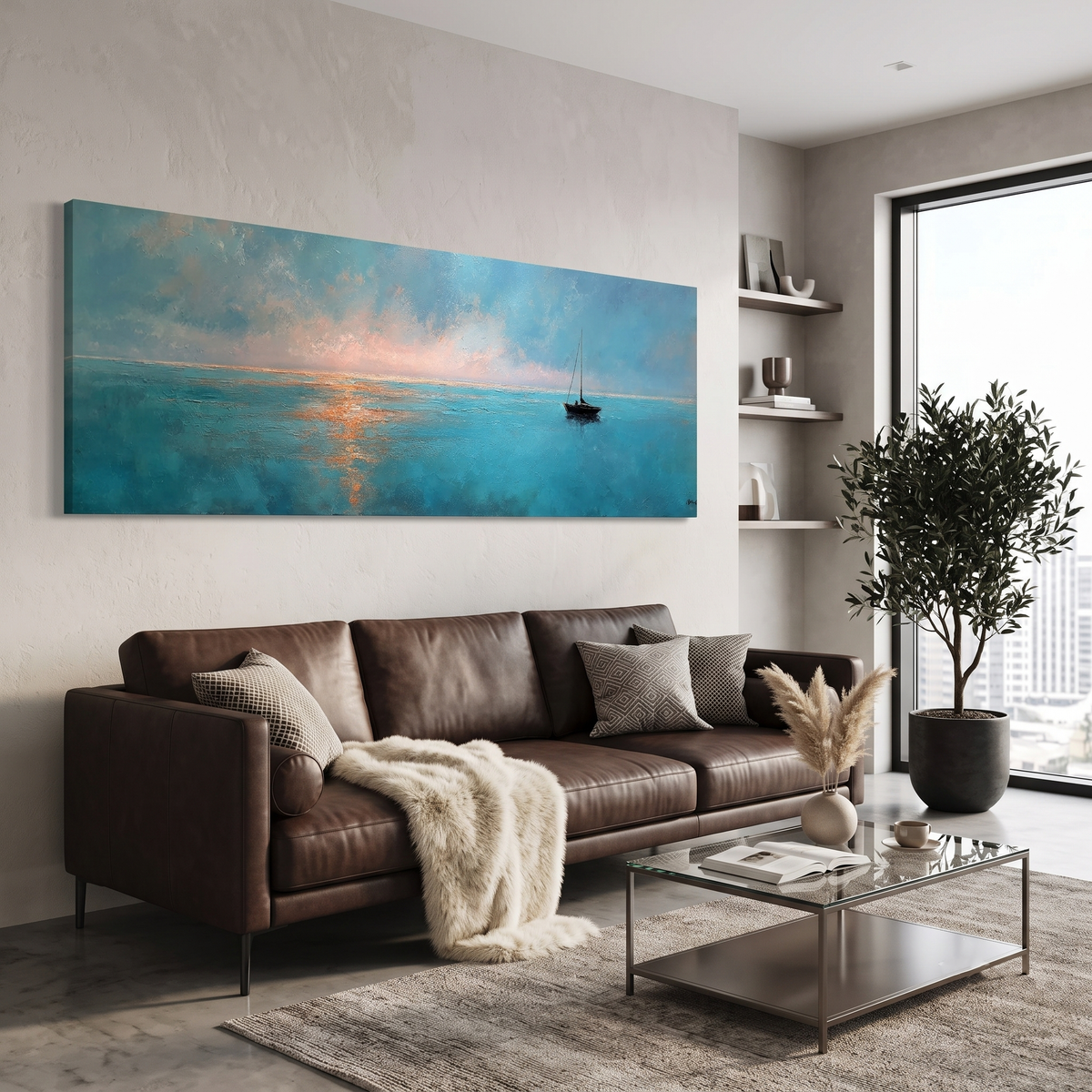 Minimalist Sailboat Ocean Sunset Panoramic Canvas Print, Peaceful Nautical Teal Seascape Wall Art, Coastal Modern Living Room Decor