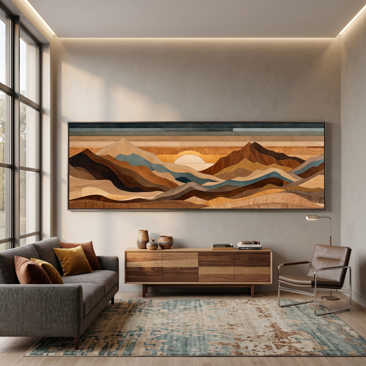 Wood Inlay Mountain Landscape Panoramic Canvas Print, Earthy Brown Blue Geometric Wall Art, Rustic Cabin Decor
