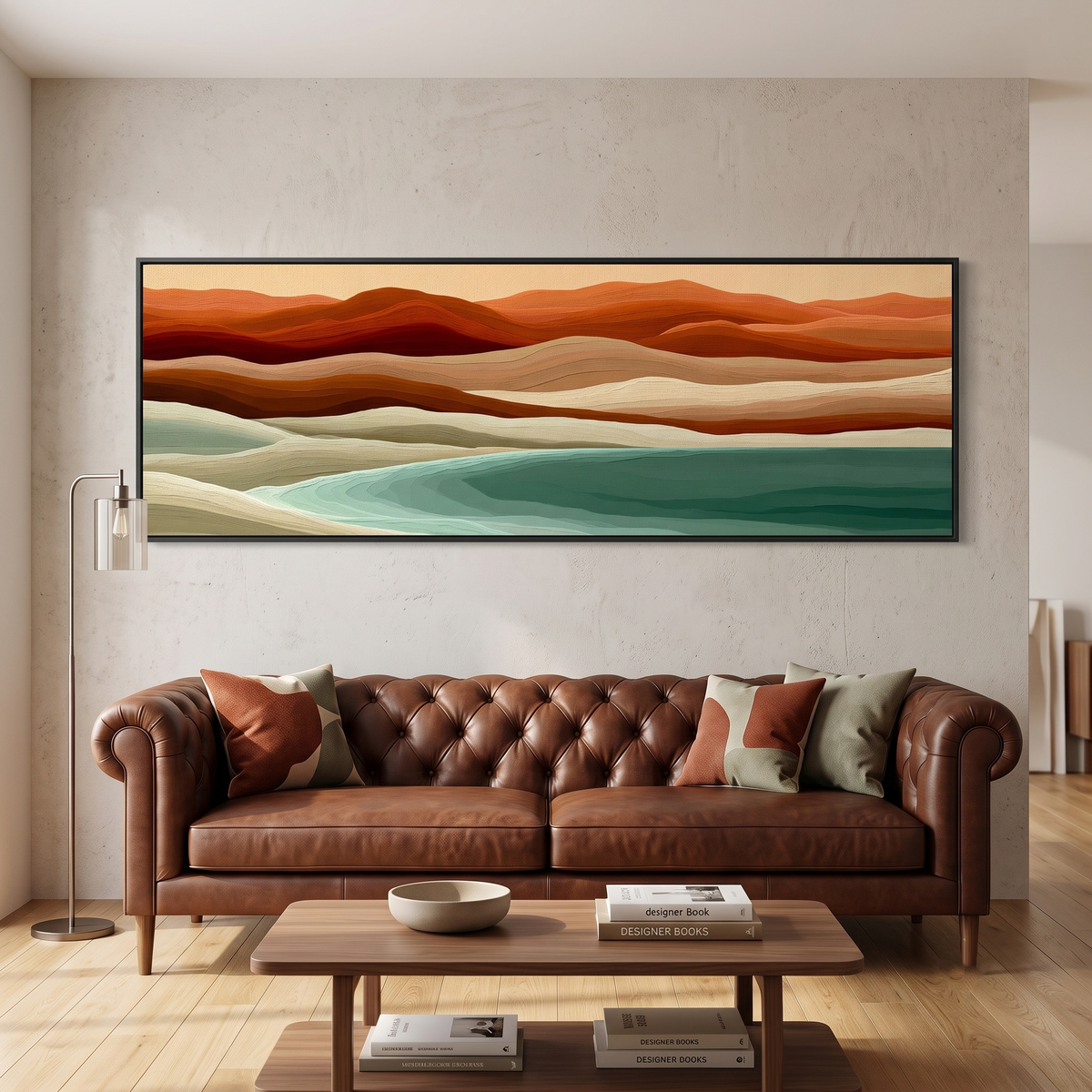 Terracotta Teal Abstract Landscape Panoramic Canvas Print, Earthy Wave Wall Art, Mid Century Minimalist Decor