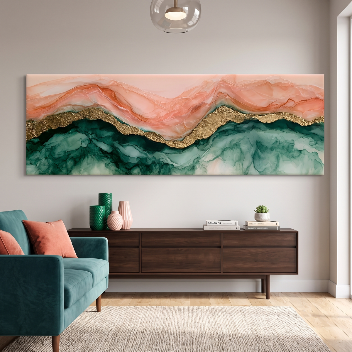 Blush Pink Gold Marble Fluid Panoramic Canvas Print, Abstract Alcohol Ink Emerald Green Mountain Wall Art, Luxury Wall Decor