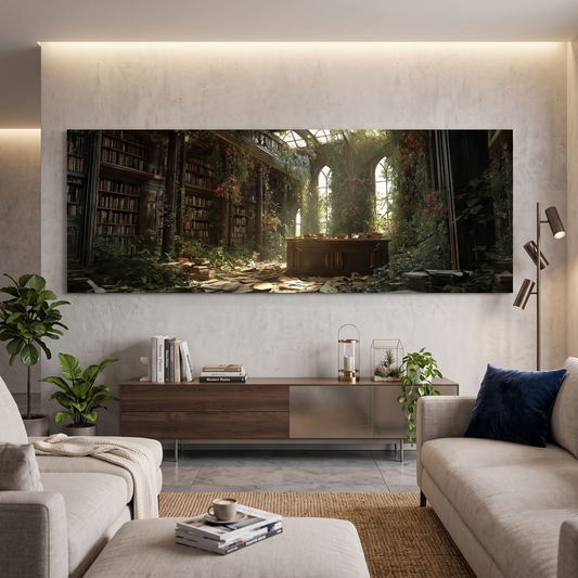 Dark Academia Overgrown Library Panoramic Canvas Print, Enchanted Abandoned Bookshelf Wall Art,