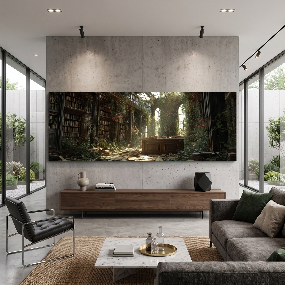Dark Academia Overgrown Library Panoramic Canvas Print, Enchanted Abandoned Bookshelf Wall Art,