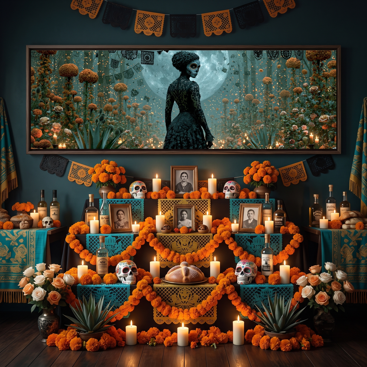 Day of the Dead Woman Moonlight Panoramic Canvas Print, Dia de Muertos Wall Art, Mexican Folk Art Decor
