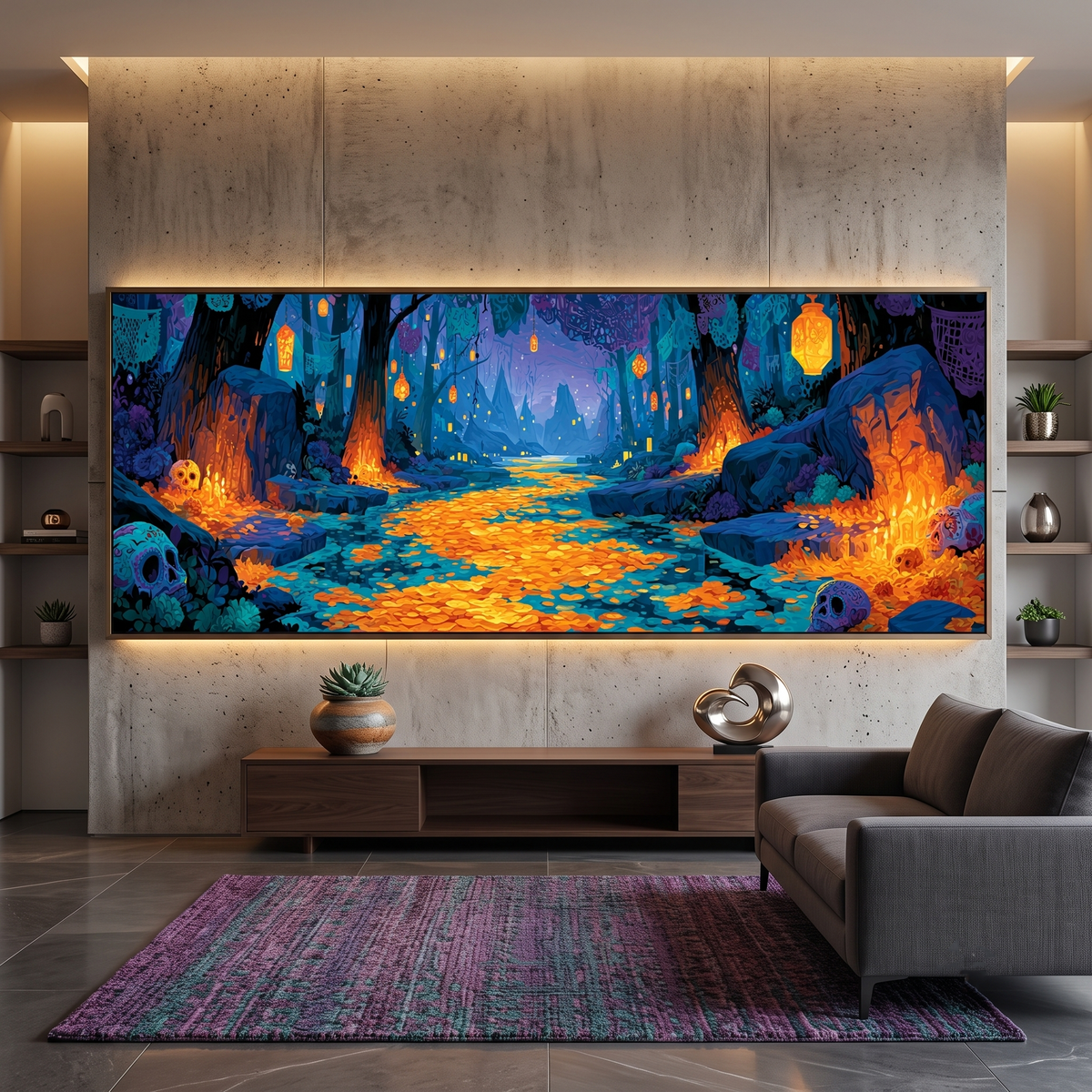 Dia de los Muertos Panoramic Canvas Print, Mystical Blue & Orange Forest Wall Decor