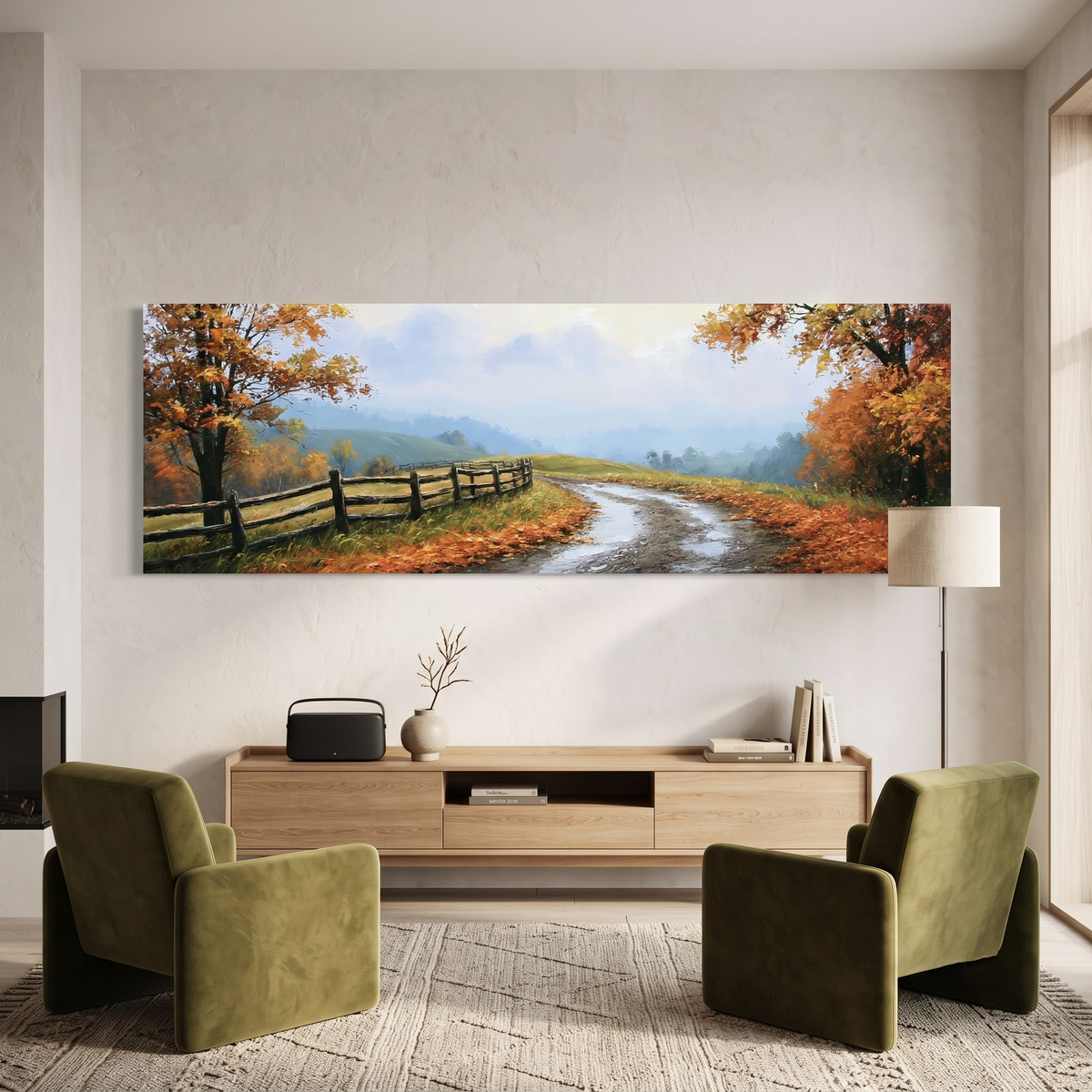 Orange Fall Foliage Country Road Panoramic Canvas Print, Rustic Fence Lane Wall Art, Cabin Wall Decor
