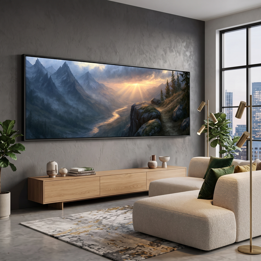 Alpine Mountain Valley Sunrise Panoramic Canvas Print, Golden Light Ray Landscape Wall Art, Rustic Living Room Canvas Decor