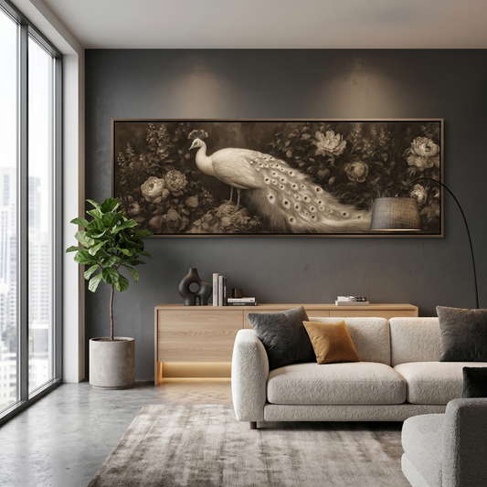 White Peacock Botanical Panoramic Canvas Print, Vintage Sepia Floral Bird Wall Art