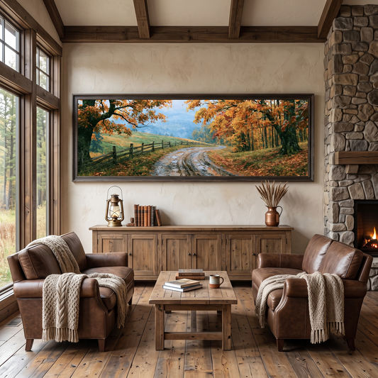Autumn Country Road Fence Panoramic Canvas Print, Fall Orange Foliage Landscape Wall Art, Large Horizontal Over Bed Art