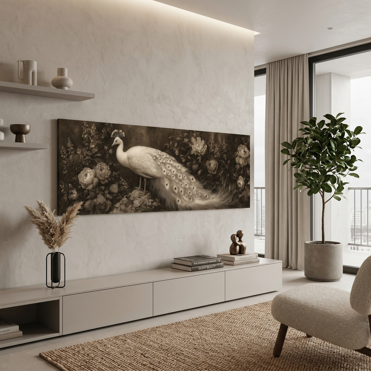White Peacock Botanical Panoramic Canvas Print, Vintage Sepia Floral Bird Wall Art