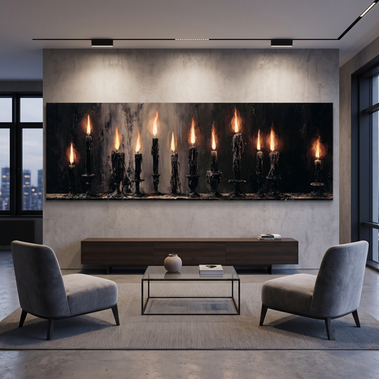 Gothic Dark Academia Moody Flame Panoramic Canvas Print, Burning Black Candles Wall Art