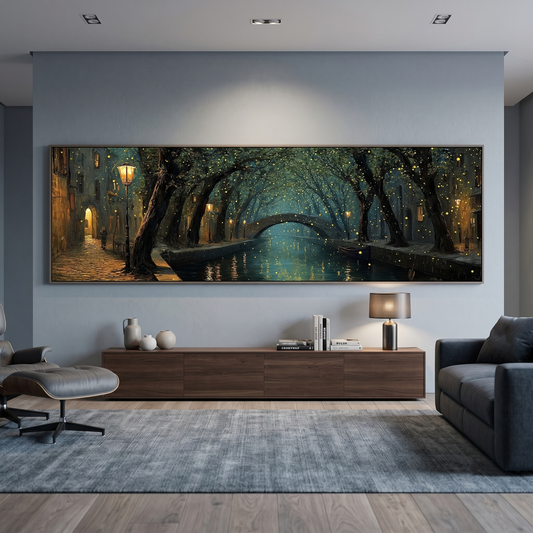 Magical Night Canal Bridge Panoramic Canvas Print, Fairy Lights Tree Tunnel Wall Art