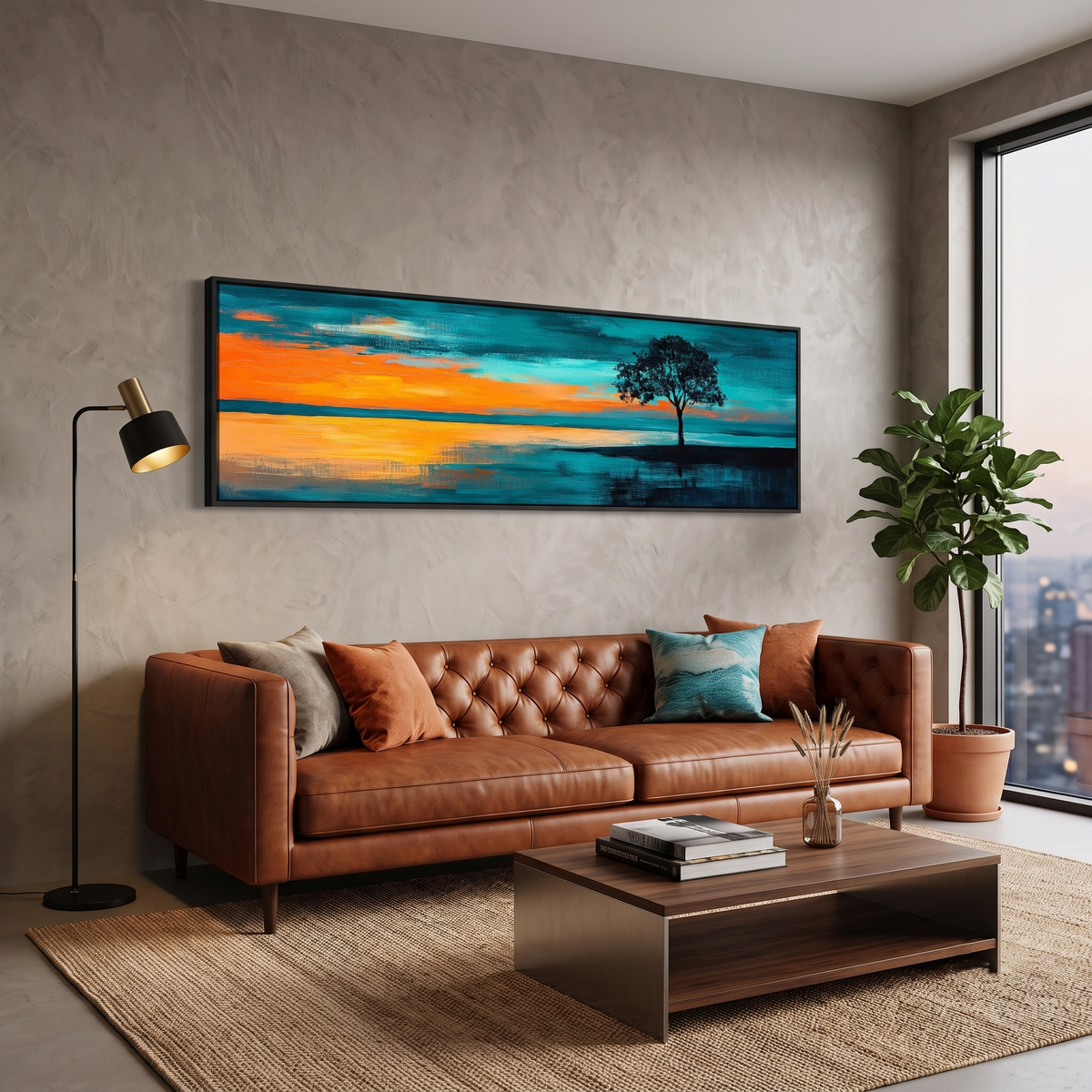 Dramatic Lone Tree Teal Orange Sky Panoramic Canvas Print, Abstract Sunset Landscape Wall Art, Silhouette Oversized Horizon Art Decor