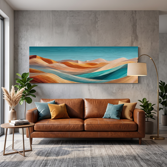 Abstract Desert Dunes Teal Orange Panoramic Canvas Print, Wavy Desert Landscape Wall Art, Boho Mid Century Living Room Decor