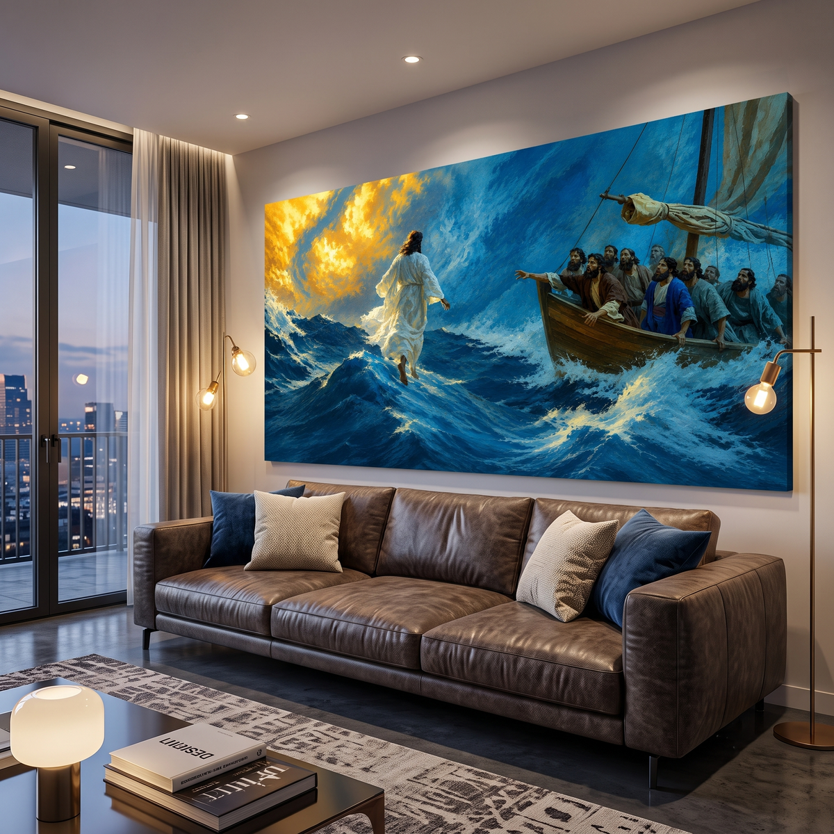 Jesus Walking on Water Stormy Sea Panoramic Canvas Print, Biblical Miracle Disciples Boat Wall Art, Extra Large Christian Decor