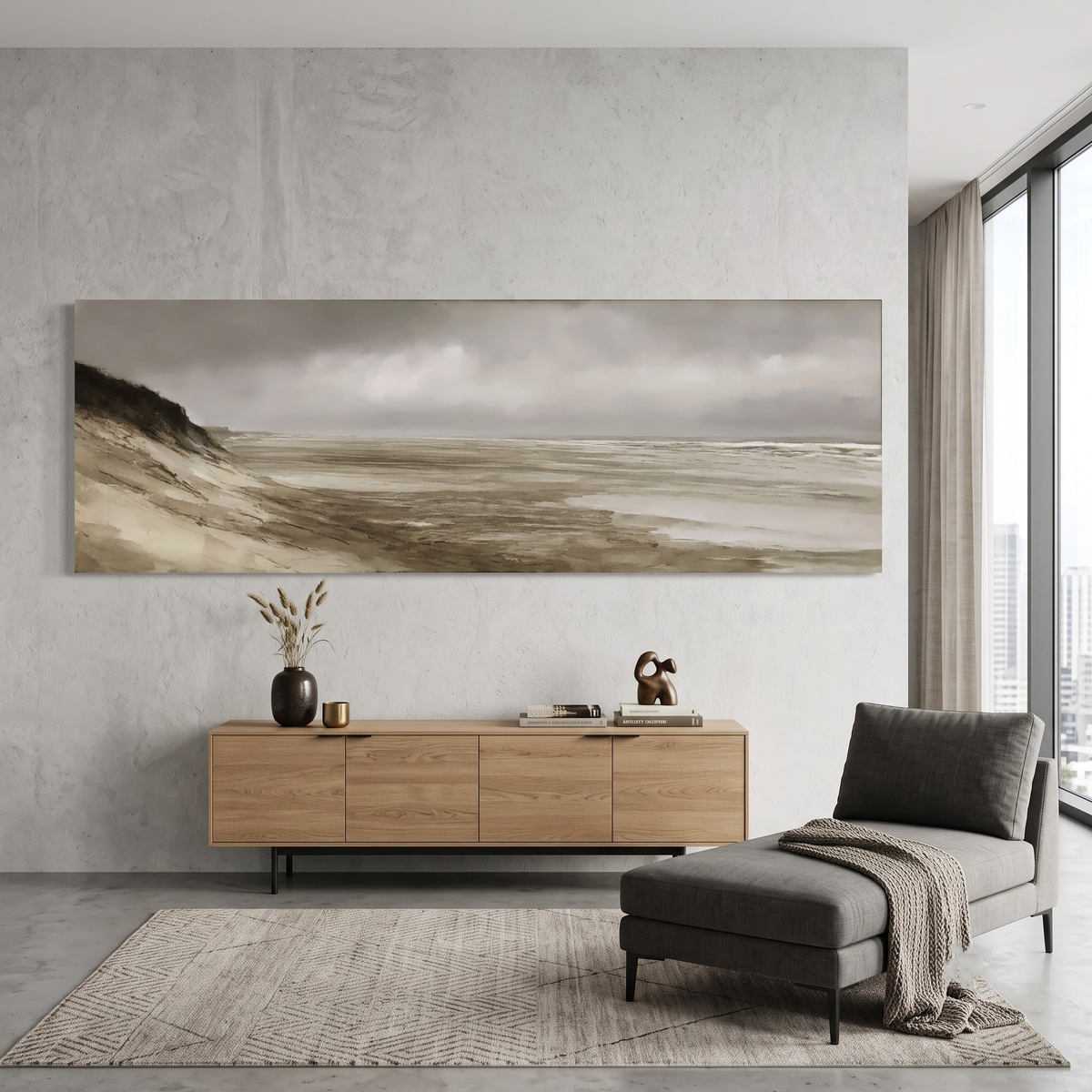 Moody Coastal Beach Panoramic Canvas Print, Gray Stormy Seascape Wall Art