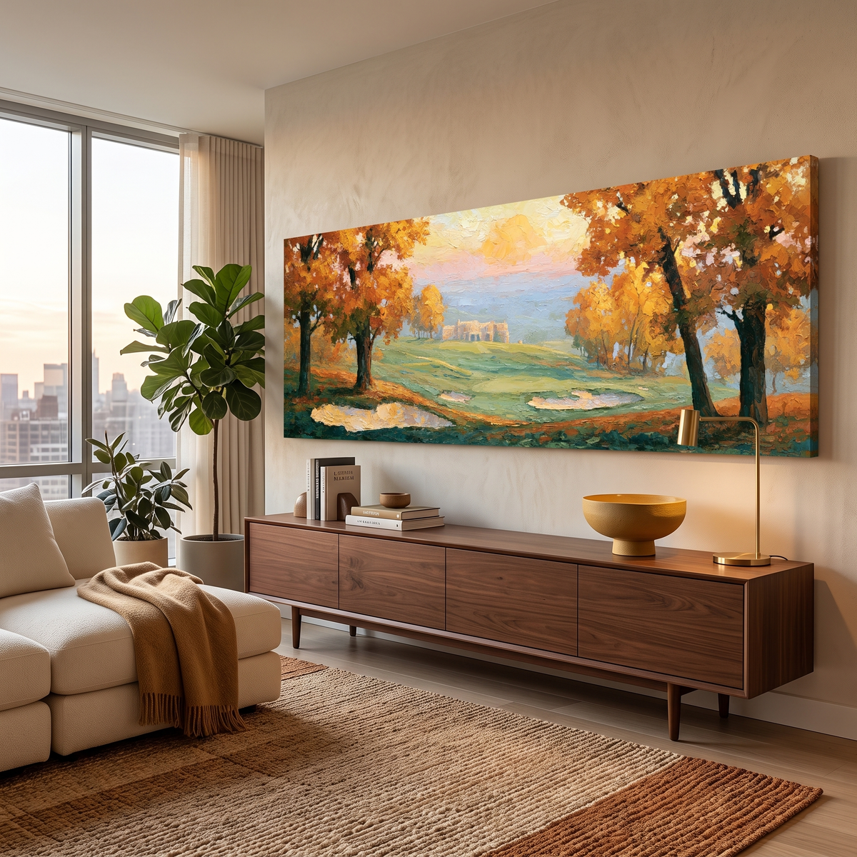 Golden Autumn Golf Landscape Panoramic Canvas Print, Impasto Fall Landscape Painting Wall Art,