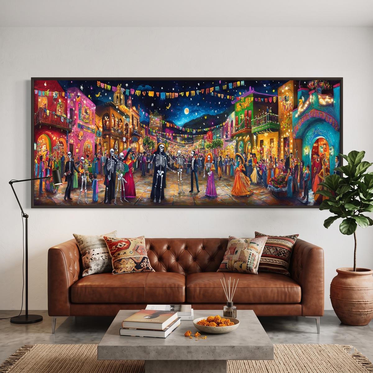 Day of the Dead Night Festival Panoramic Canvas Print, Dia de los Muertos Village Street Party Wall Art