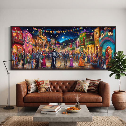 Day of the Dead Night Festival Panoramic Canvas Print, Dia de los Muertos Village Street Party Wall Art