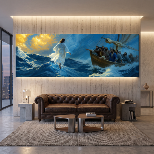 Jesus Walking on Water Stormy Sea Panoramic Canvas Print, Biblical Miracle Disciples Boat Wall Art, Extra Large Christian Decor