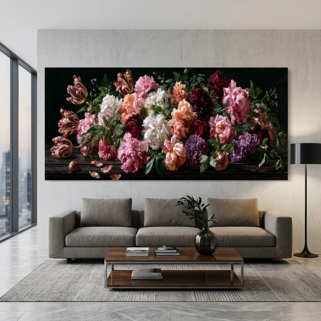 Dark Floral Panoramic Canvas Print, Peony & Tulip Botanical Wall Art, Extra Large Horizontal Decor