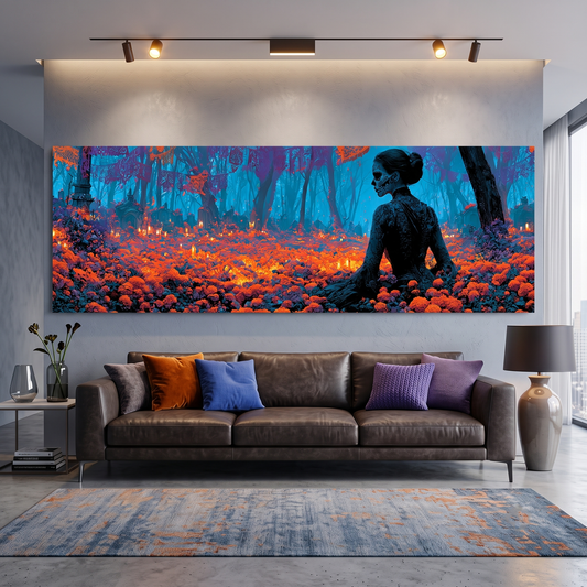 Sugar Skull Woman Marigold Forest Panoramic Canvas Print, Day of the Dead Blue Orange Wall Art, Macabre Room Decor