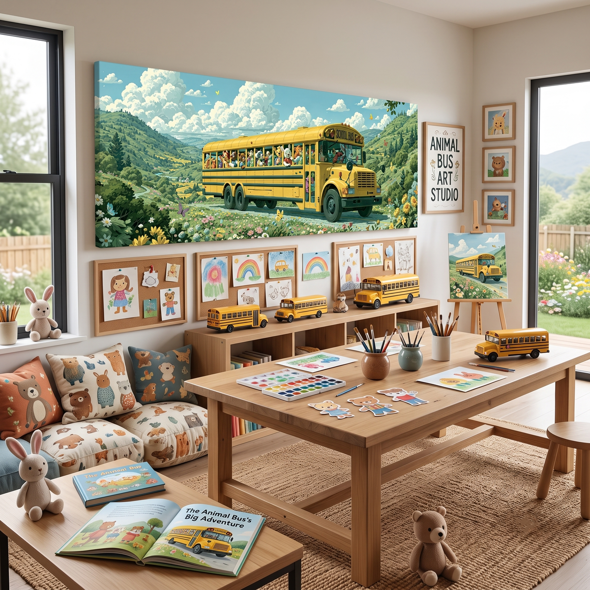 Cute Animal School Bus Panoramic Canvas Print, Whimsical Kids Room Wall Art, Extra Large Nursery Decor