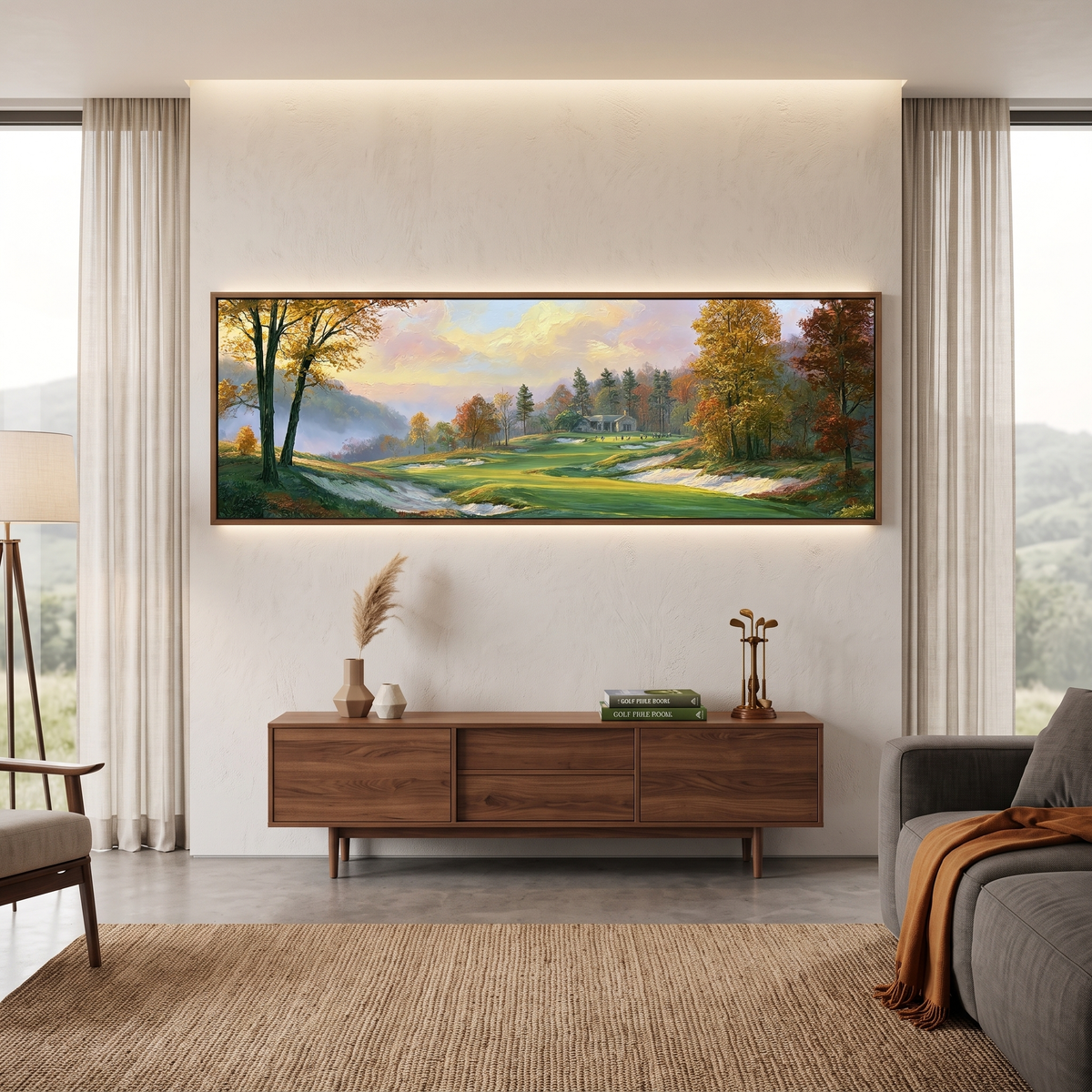 Golf Course Autumn Landscape Panoramic Canvas Print, Green Fairway Fall Foliage Wall Art, Golf Lover Home Decor