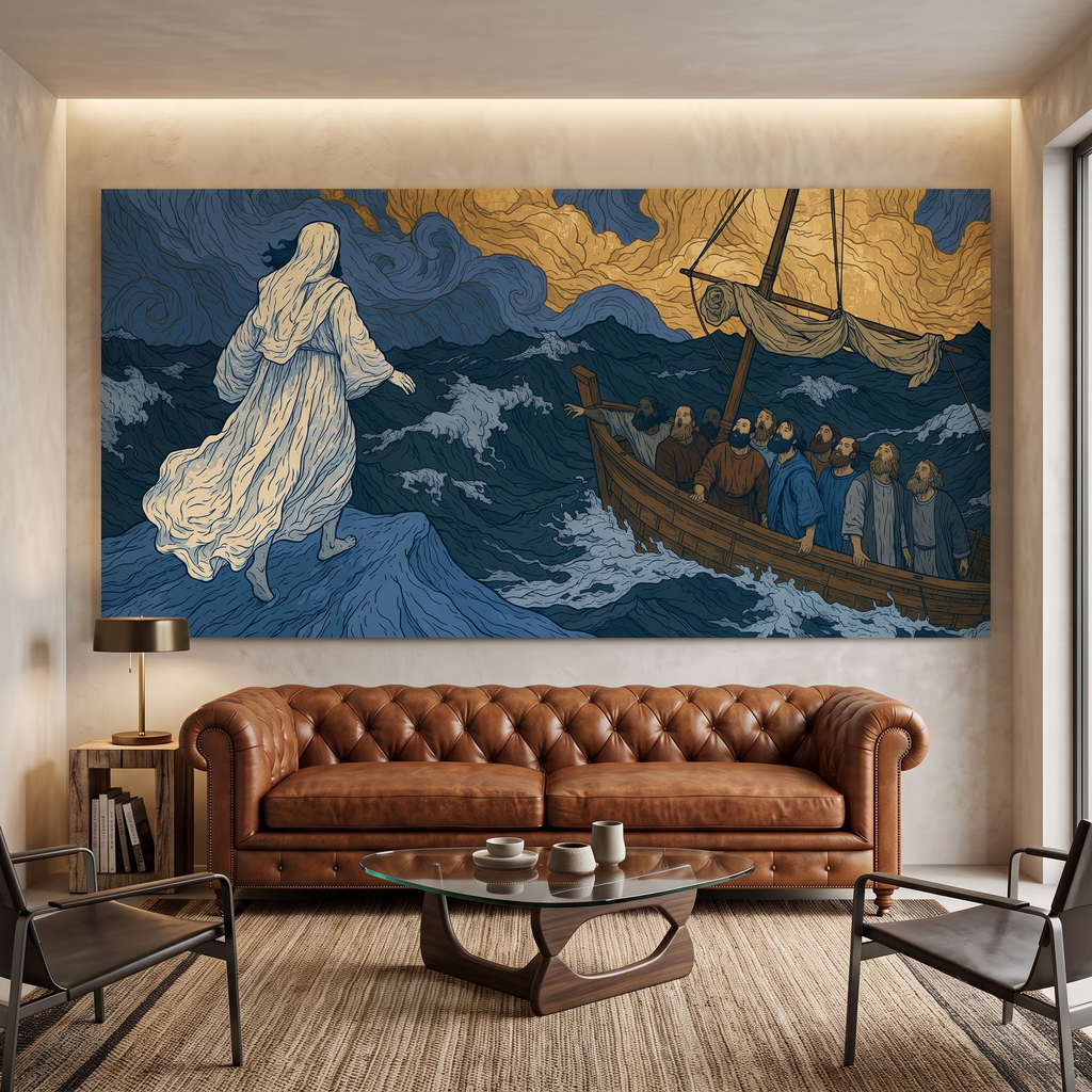 Biblical Jesus Walking Water Swirling Sea Panoramic Canvas Print, Van Gogh Style Blue Gold Wall Art, Redeemer Christian Heavenly Decor, P272