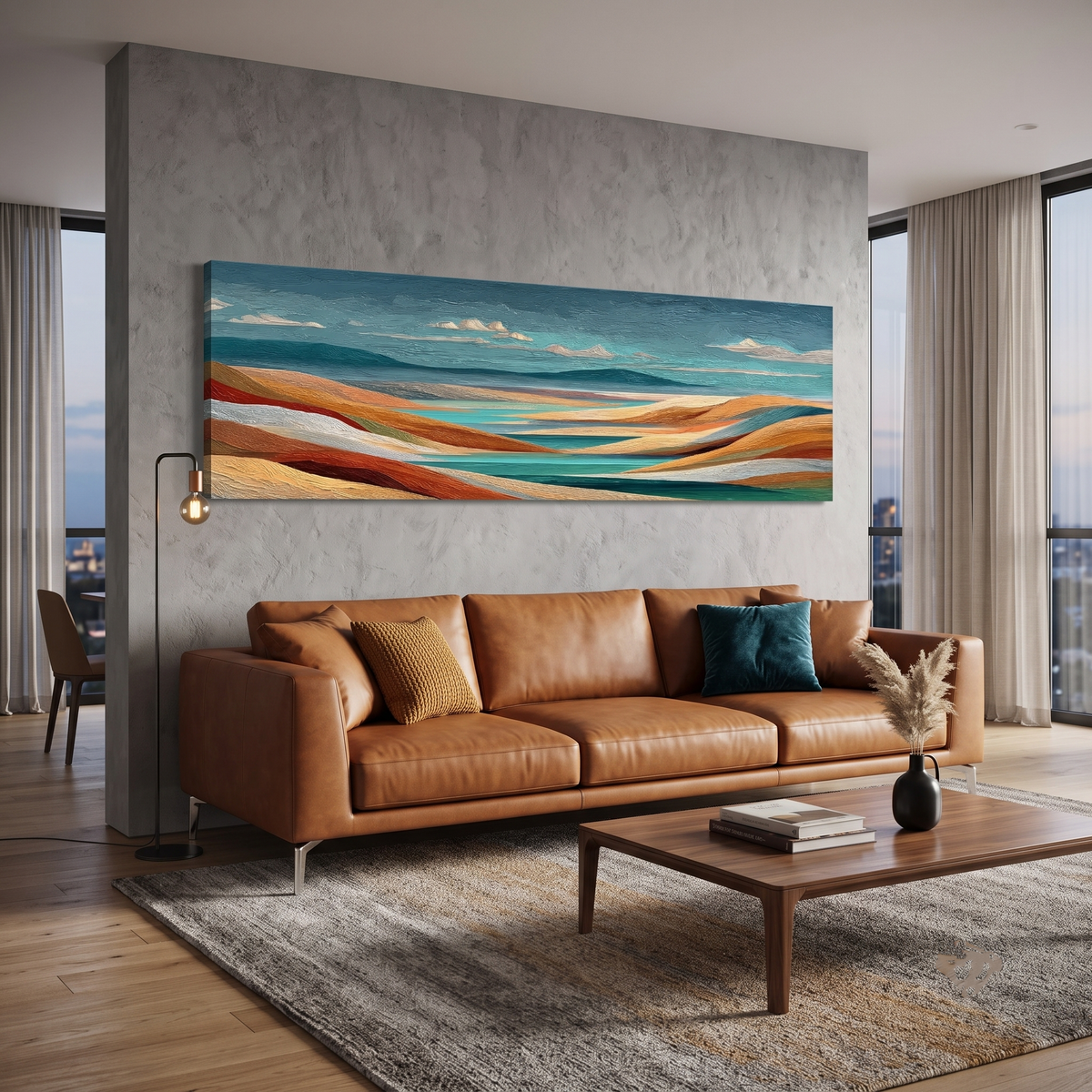 Colorful Abstract Rolling Hills Panoramic Canvas Print, Teal Orange Terracotta Landscape Wall Art, Horizontal Over The Sofa Art