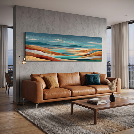 Colorful Abstract Rolling Hills Panoramic Canvas Print, Teal Orange Terracotta Landscape Wall Art, Horizontal Over The Sofa Art