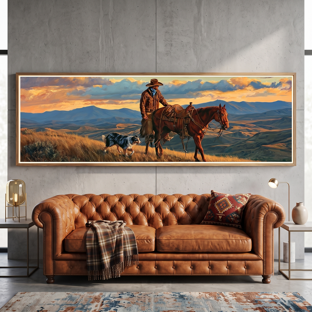 Western Cowboy Horse Dog Sunset Panoramic Canvas Print, Mountain Ranch Panoramic Wall Art, Rustic Country Ranch Decor