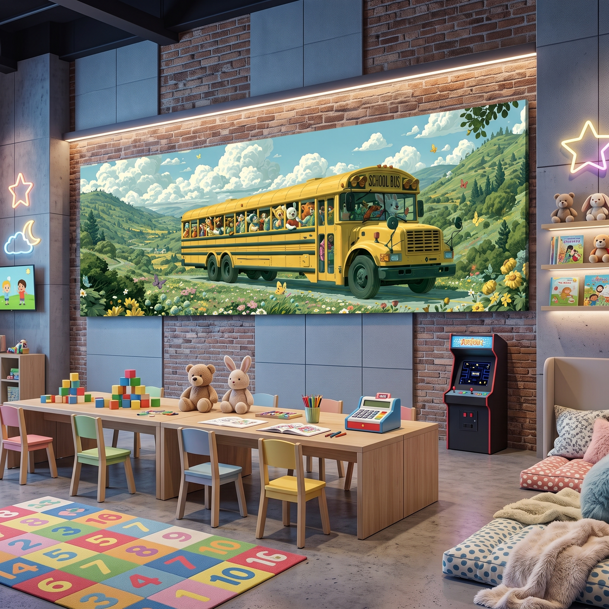 Cute Animal School Bus Panoramic Canvas Print, Whimsical Kids Room Wall Art, Extra Large Nursery Decor