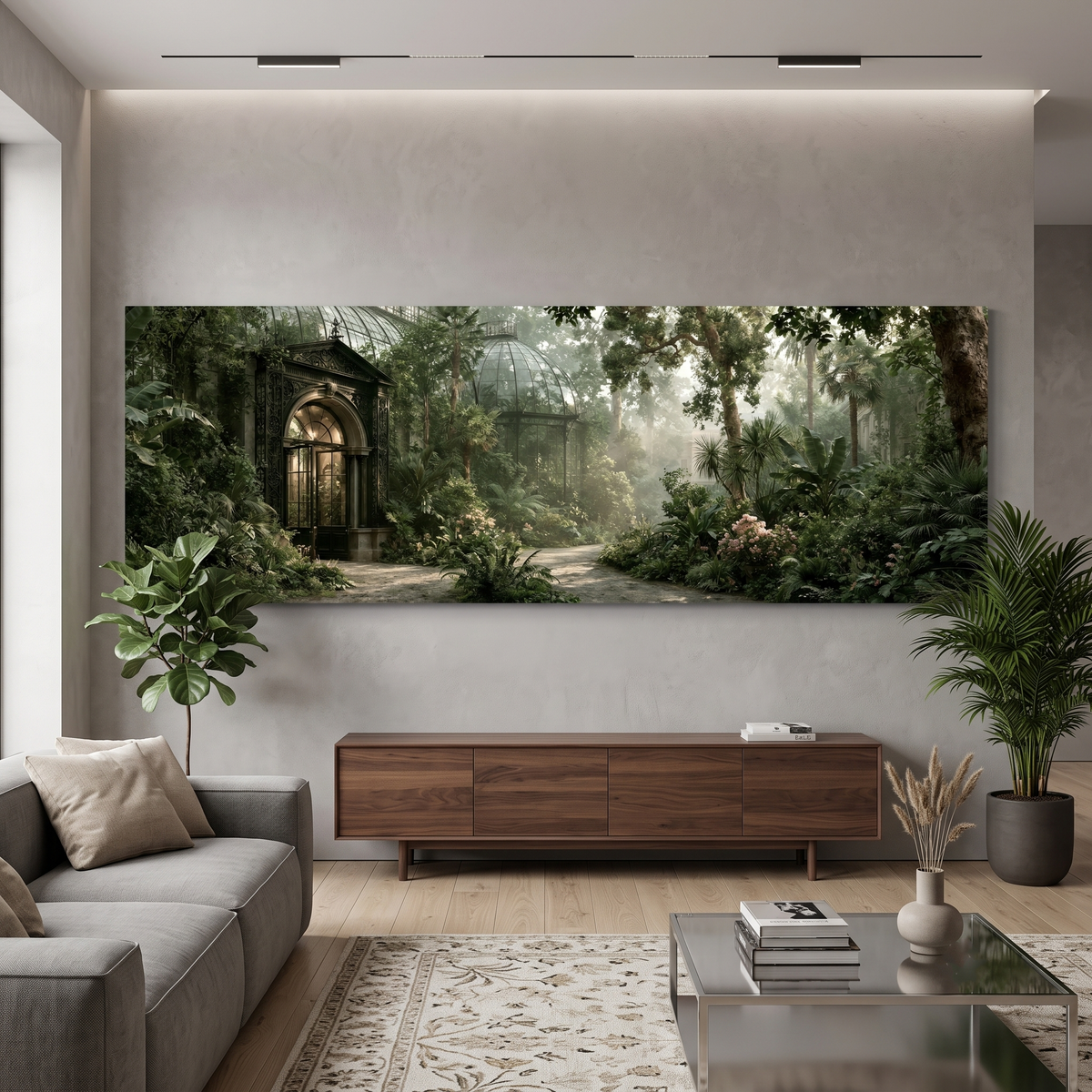 Victorian Greenhouse Botanical Garden Panoramic Canvas Print, Misty Green Glass House Wall Art, Biophilic Living Room Decor